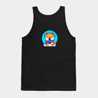 Cute Shiba Inu Gaming Dog With Headphone And Holding  Keyboard Cartoon Tank Top